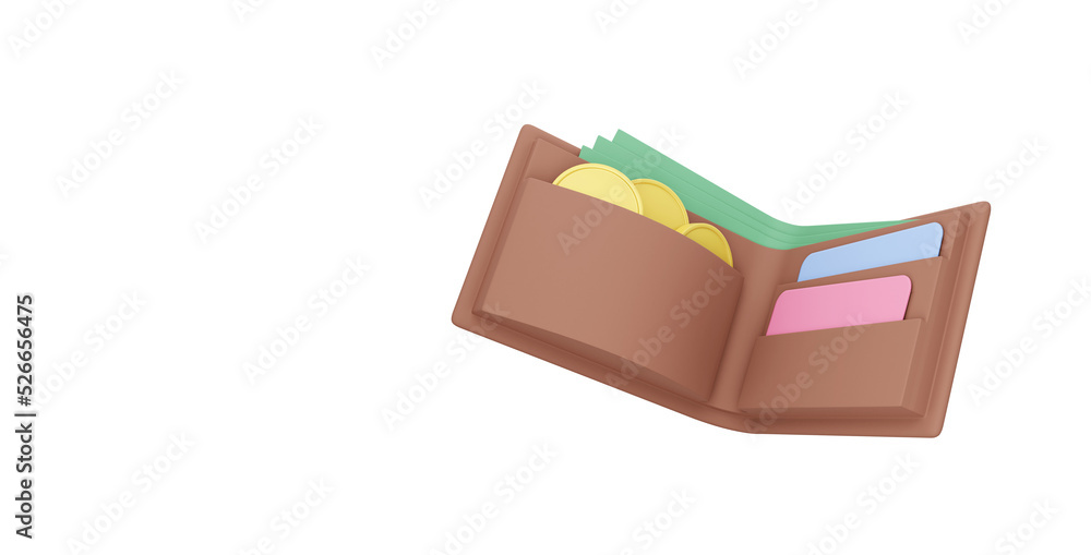 Poster saving icon.. open wallet with coins, bills and credit cards floating on white background, space for