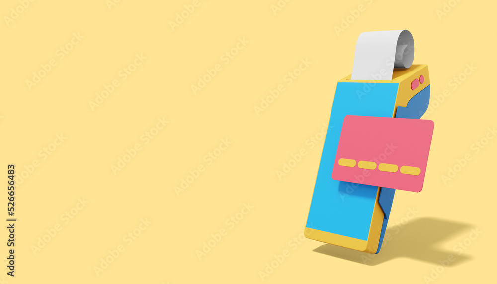 Poster colorful pos terminal with credit card and check. modern machine for cashless payment. device for nf