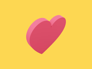 Flat heart. Red single color. Symbol of love. On a yellow monochrome background. Top view. 3d rendering.