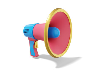 Multicolored megaphone on white background. Sound amplification device. 3d rendering.