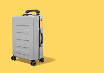 Travel luggage. Realistic gray suitcase on yellow background with space for text. 3d rendering.