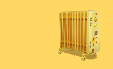 3d rendering. Golden electric oil heater on yellow background with space for text.