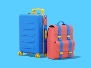 3d rendering. Multicolored suitcase and tourist backpack on blue background.