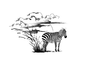 Naklejka na ściany i meble Zebra on sunset with grass and clouds
