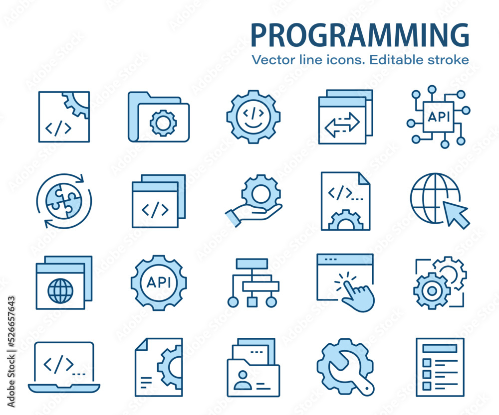 Poster programming line icons. set of software, coding, dev, develop and more. editable stroke.