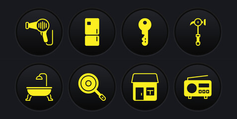 Set Bathtub, Hammer, Frying pan, House, key, Refrigerator, Radio and Hair dryer icon. Vector