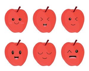 Set of apple icons with kawaii eyes isolated on white background. Fruit vector illustration