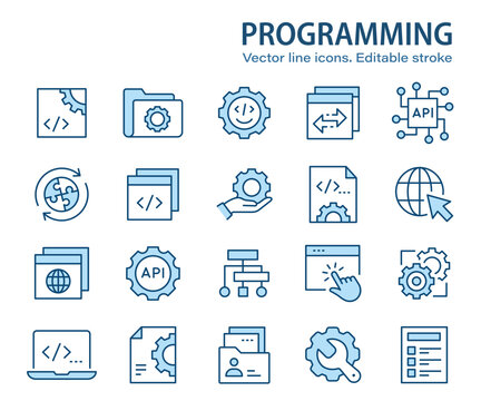 Programming line icons. Set of software, coding, dev, develop and more. Editable stroke.