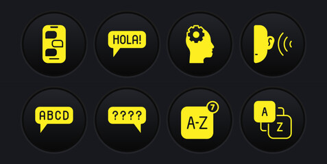 Set Alphabet, Ear listen sound signal, Speech bubbles with Question, Online translator, Head gear inside, Hola different languages, Vocabulary and New chat messages notification icon. Vector © vector_v