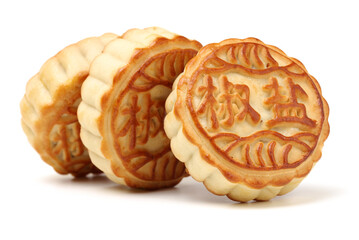 Mid-Autumn Festival moon cake on white background（Non-English texts translation :salt and pepper）