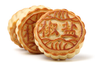 Mid-Autumn Festival moon cake on white background（Non-English texts translation :salt and pepper）