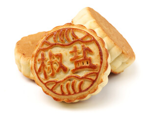 Mid-Autumn Festival moon cake on white background（Non-English texts translation :salt and pepper）