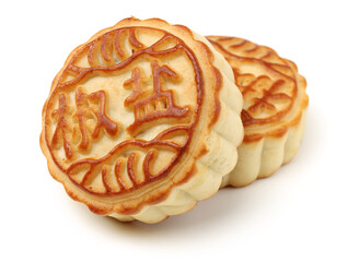 Mid-Autumn Festival moon cake on white background（Non-English texts translation :salt and pepper）