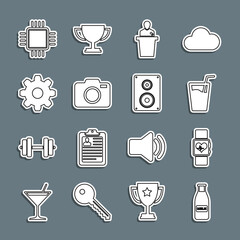 Set line Glass bottle milk and cap, Smart watch heart beat rate, with water, Speaker, Photo camera, Cogwheel gear settings, Processor CPU and Stereo speaker icon. Vector
