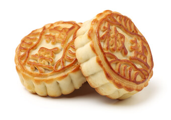 Mid-Autumn Festival moon cake on white background（Non-English texts translation :salt and pepper）
