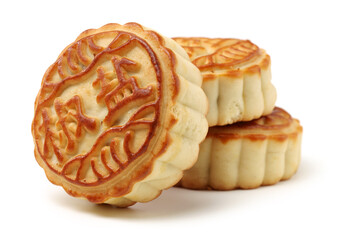 Mid-Autumn Festival moon cake on white background（Non-English texts translation :salt and pepper）