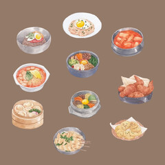 Traditional Korean Dishes Vector Watercolor Illustration.