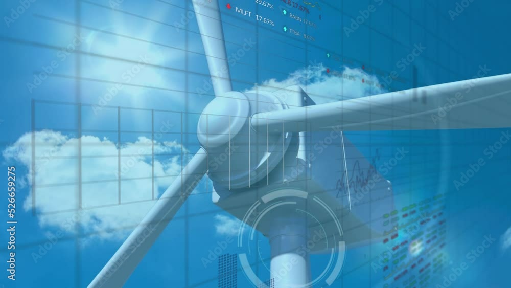 Poster animation of data processing with graphs over wind turbine rotating against sky