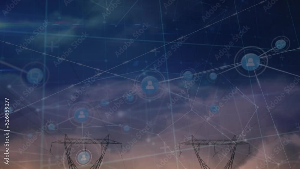 Poster animation of network of profile icons over network towers against clouds in the sky