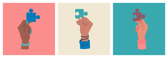 Heart made of puzzle pieces in hand. Autism world awareness day concept. Symbol support and solidarity. Hand drawn colored vector illustration isolated on purple background. Modern flat cartoon style.