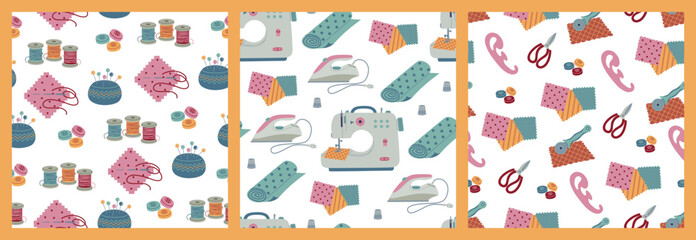 Obraz premium Set of seamless pattern with sewing elements. Machine, iron, textile, scissors, buttons, threads. Hand drawn vector illustration isolated on white background. Modern flat cartoon style.