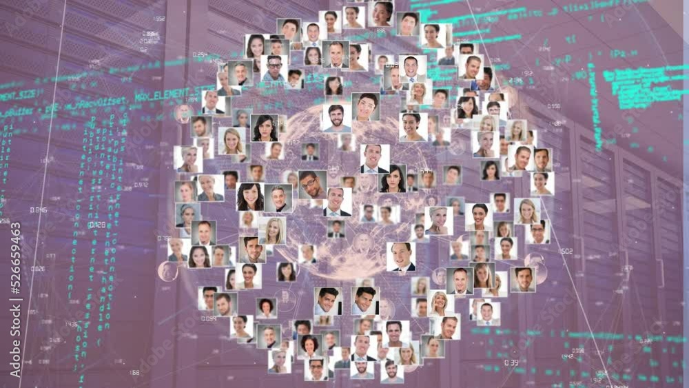 Poster animation of globe of business profile icons over data processing against computer server room