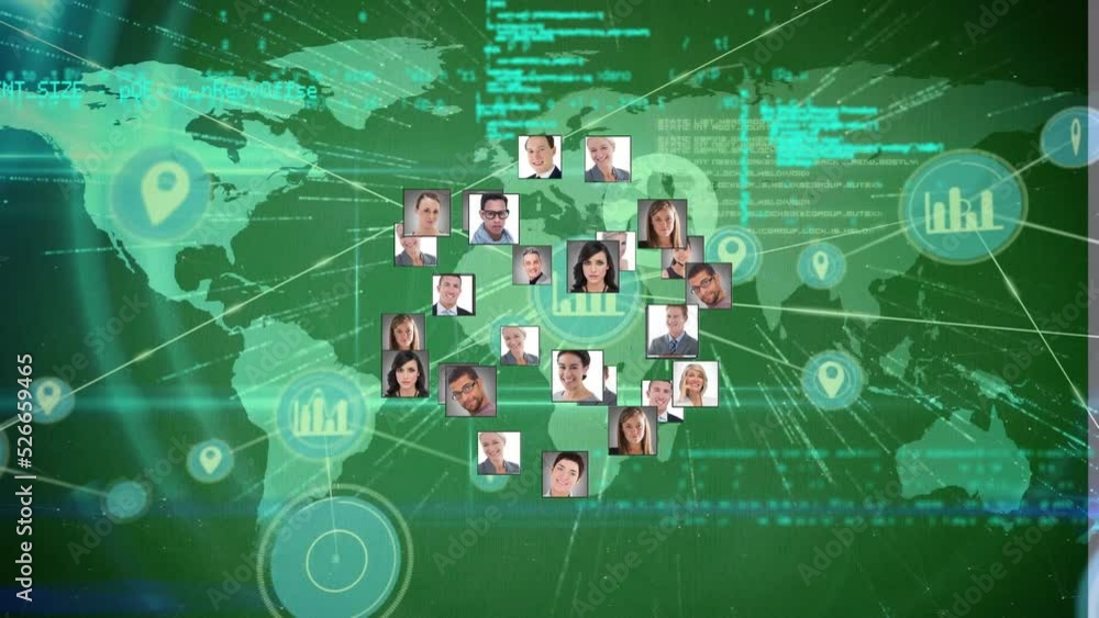Poster animation of globe of business profile icons over data processing and world map on green background