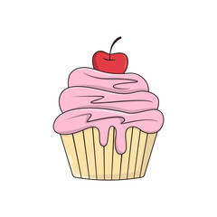 Cupcake icon with pink cream and cherry stock illustration. concept of calories and sugar and swirl yogurt. romantic snack to coffee or tea on white background drawing flat style trend simple graphic
