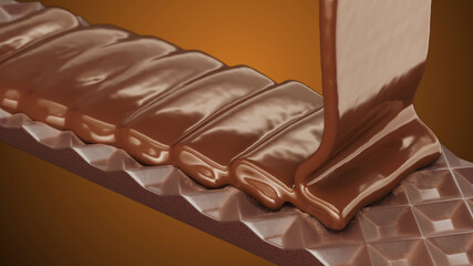 Extreme closeup beauty chocolate liquid milk Pouring on Chocolate bar on brown color background. 3D render. Food drink concept. selective focus.