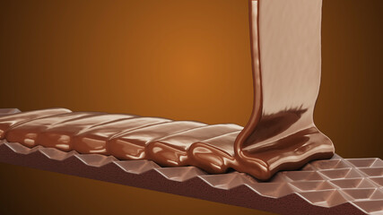 Extreme closeup beauty chocolate liquid milk Pouring on Chocolate bar on brown color background. 3D render. Food drink concept. selective focus.