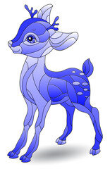 An illustration in the style of a stained glass window with a fawn, an animal isolated on a white background, tone blue