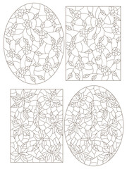 Set of contour illustrations of stained glass Windows with abstract intertwined flowers, dark outlines on a white background