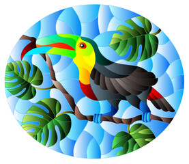 Illustration in stained glass style bird Toucan on branch tropical tree against the sky, oval image