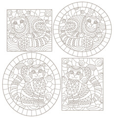 Obraz premium Set of contour illustrations of stained glass Windows with cute cartoon cats , dark contours on a white background