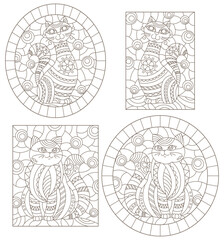 Set of contour illustrations of stained glass Windows with cute cartoon cats , dark contours on a white background