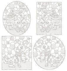 Set of contour illustrations in the style of a stained glass window with a kitten and a puppy on an abstract background, dark contours on a white background