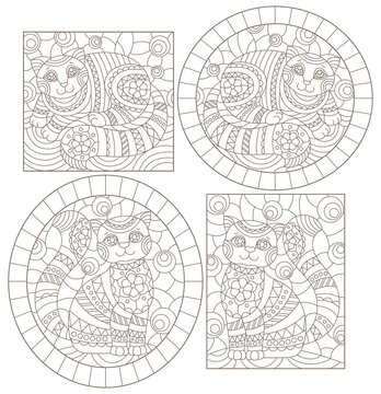 Set of contour illustrations of stained glass Windows with cute cartoon cats , dark contours on a white background © Zagory