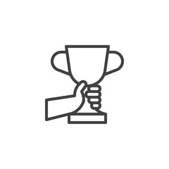 Hand holding trophy cup line icon