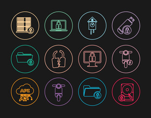 Set line Hard disk drive and lock, Electric scooter, Retro wall watch, Broken or cracked, Folder, Server security with, Lock on monitor and Laptop icon. Vector