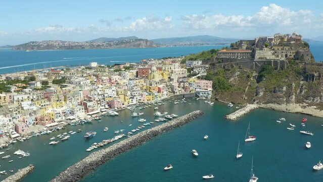Establishing Aerial View of Procida, Beautiful Island Town off the Coast of Naples, Italy. Summer