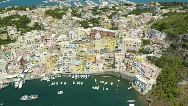 Aerial Pullback Reveals Incredible Island Paradise in Procida, Italy. (Near Napoli)
