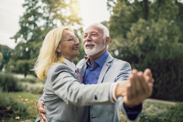 Cheerful senior couple dancing at park