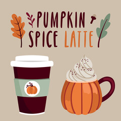 Lettering pumpkin spice latte. Illustration of a mug in the form of a pumpkin and coffee to go.