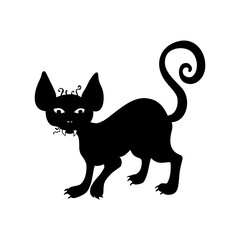 Silhouette of a cat with fangs, a werewolf. Vector illustration of Halloween, design element.