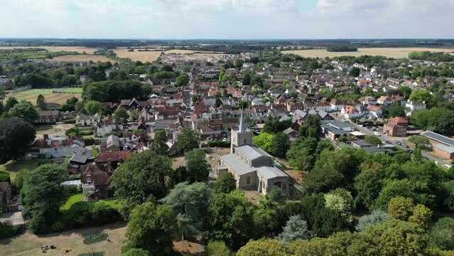 Sawbridgeworth town Hertfordshire UK panning establishing aerial view,