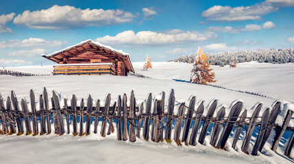 Untouched winter landscape. Wooden chalet on the snowy hill of Alpe di Siusi village. Panoramic...
