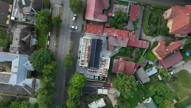 Aerial shot of the roof covered with solar panels in Pärnu, Estonia.