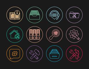 Set line Crossed hammer and wrench, Wrench gear, Headphones with speech bubble chat, Office folders, House service, Interesting facts, Microorganisms under magnifier and Drawer documents icon. Vector