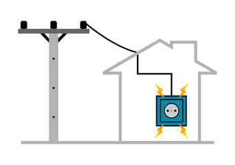 Cement high voltage power electric pole transmit electricity to city building home with electric plug socket outlet on white background icon flat vector design.