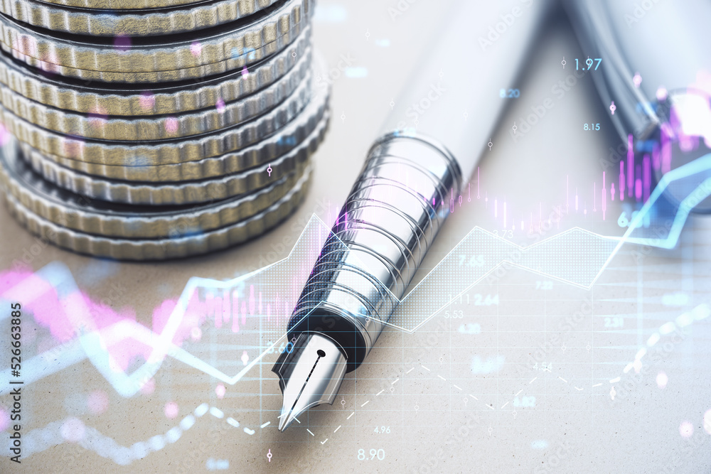 Poster Close upstacked coins and pen with abstract glowing forex chart and arrows on index grid hologram, blurry backdrop. Trade, financial growth, trend, analytics, workplace and market concept. 